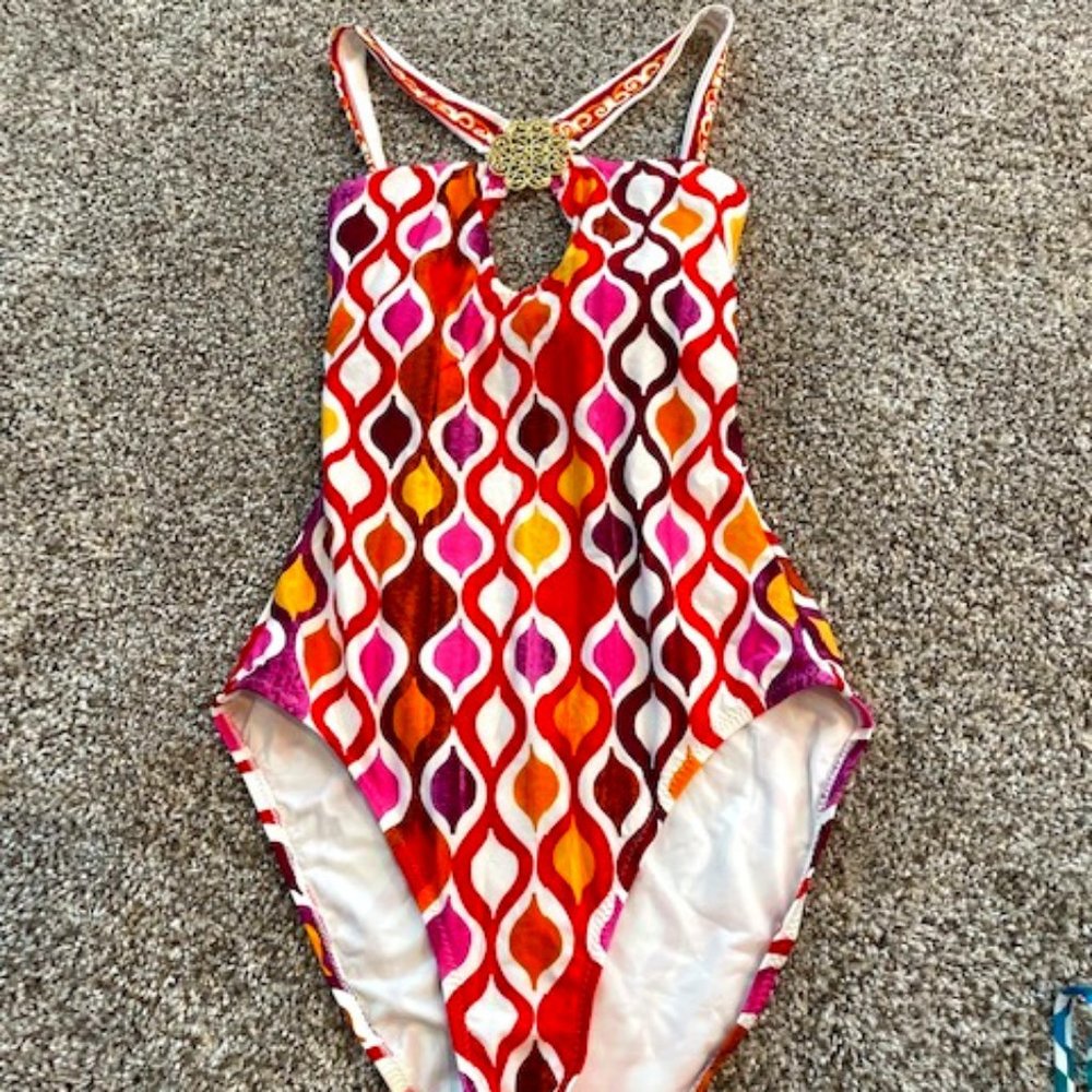 Trina Turnk Pink Yellow Orange One Piece Keyhole Halter Tie/Low Back Swimsuit